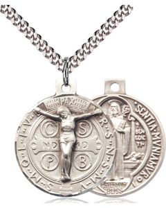 Sterling Silver St Benedict Pendant on a 24 inch Light Rhodium Heavy Curb Chain
