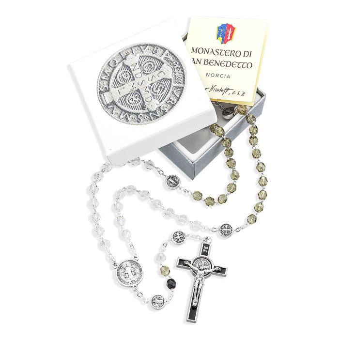 5MM X 6MM Crystal Glass Bead Saint Benedict Tri Color Rosary Box