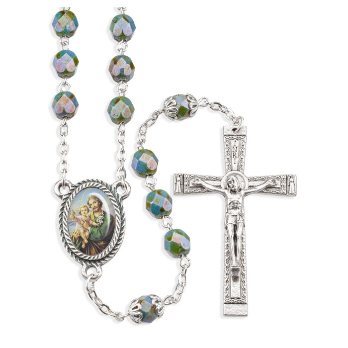 7mm Light Teal Alabaster Luster Bead St. Joseph Rosary, Boxed