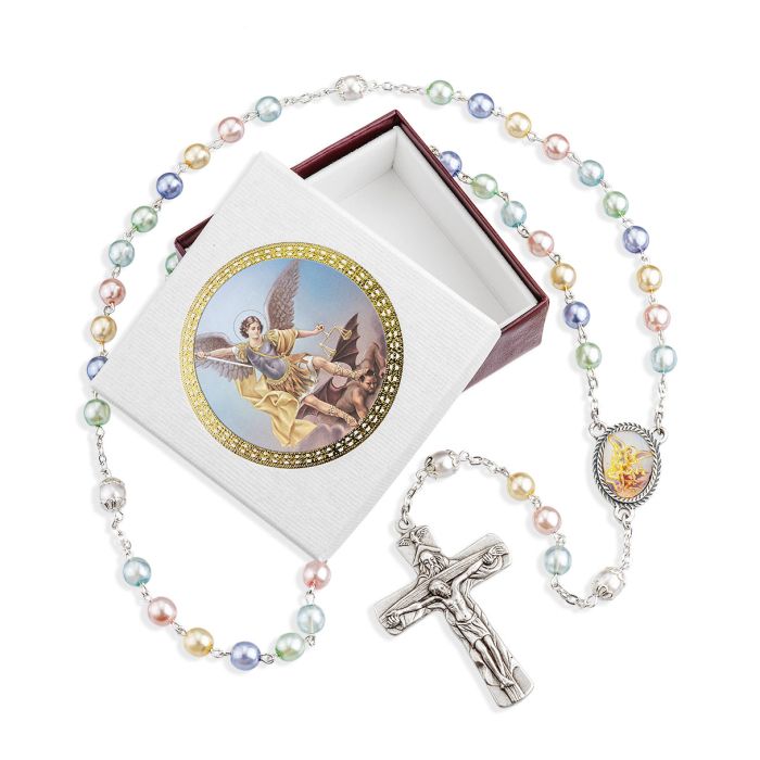 Multicolored Pearlized Glass Bead Saint Michael Rosary, Boxed